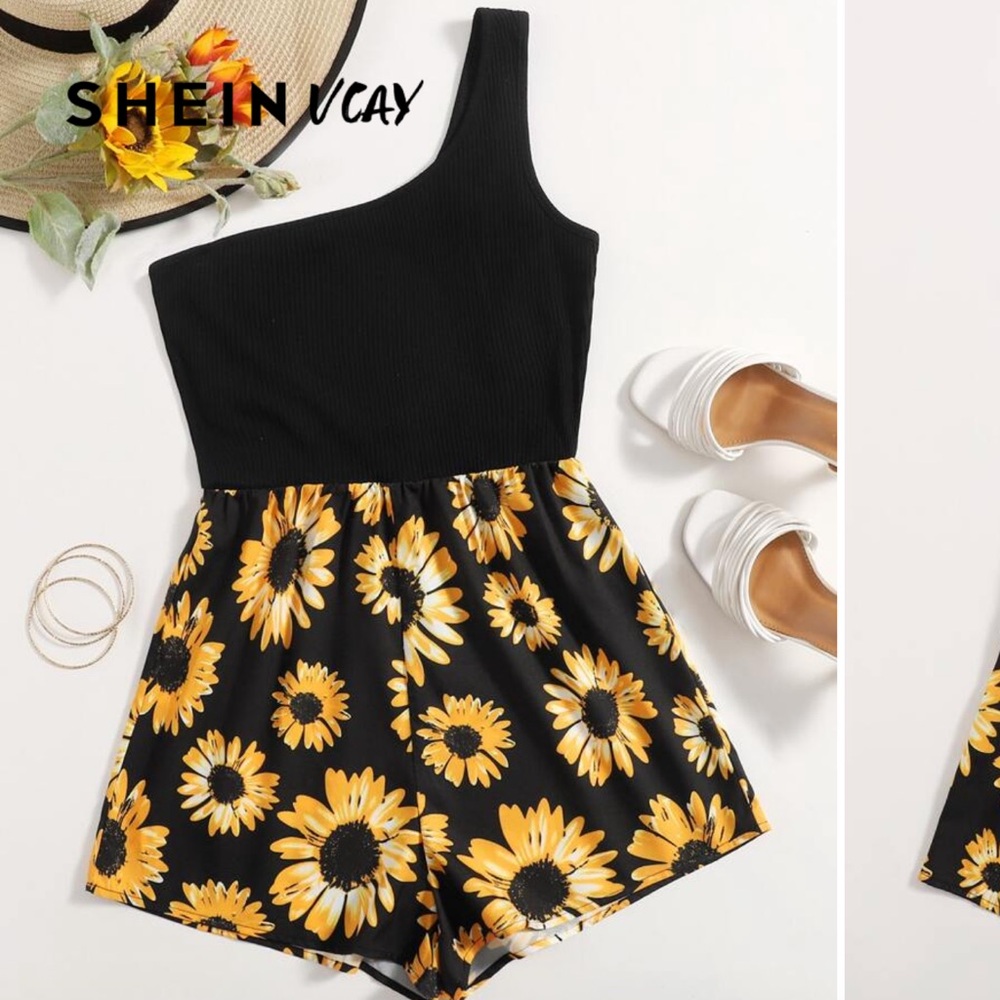 One Shoulder Sunflower Floral Romper